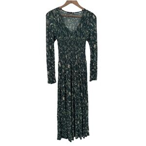 Dark Green Floral Long Sleeve Smocked Bodice Maxi Dress Forest Fairy Cottage